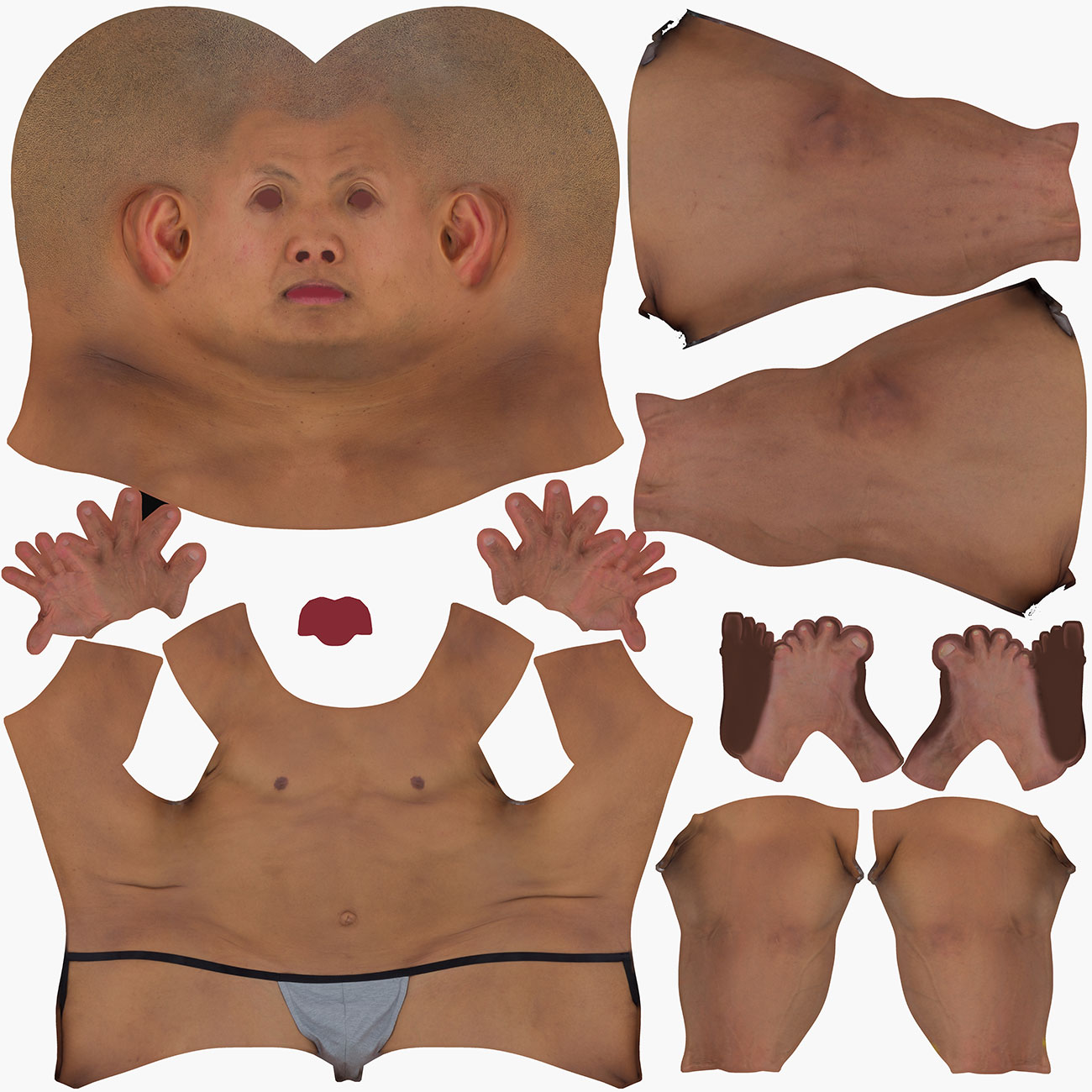 UV unwrap layout for a male 3D body scan showing low-distortion texture map arrangement